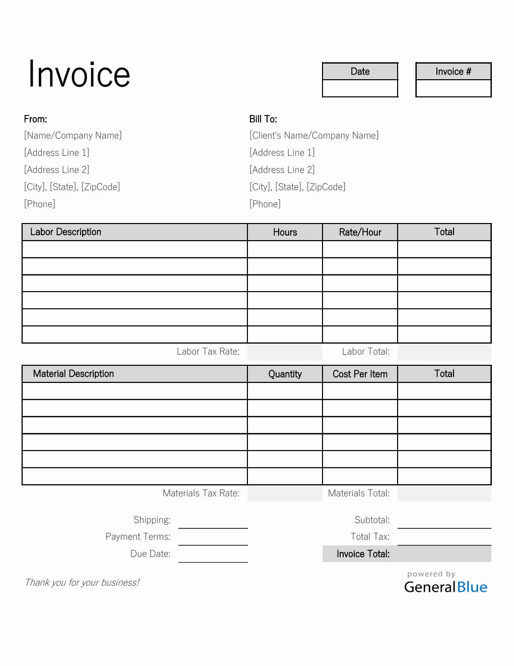 Labor and Materials Invoice in Excel (Simple)