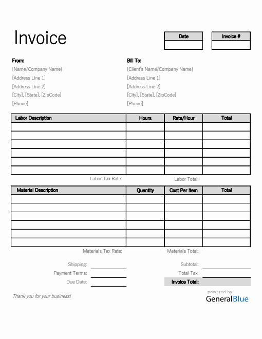 Labor and Materials Invoice in Excel (Simple)