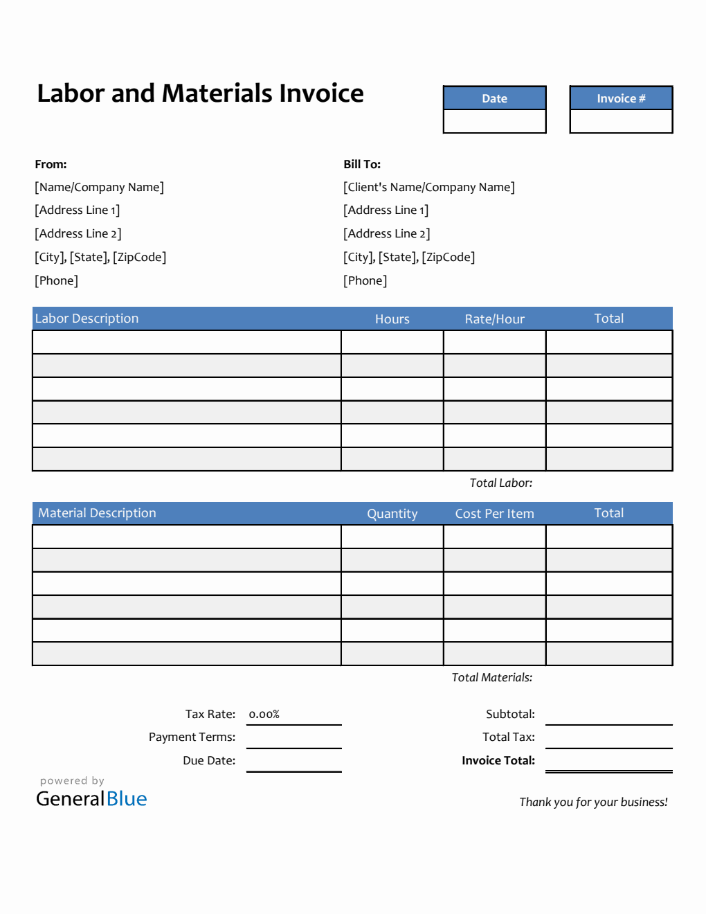 Labor and Materials Invoice in Excel (Striped)