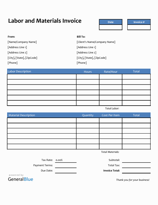 Labor and Materials Invoice in Excel (Striped)