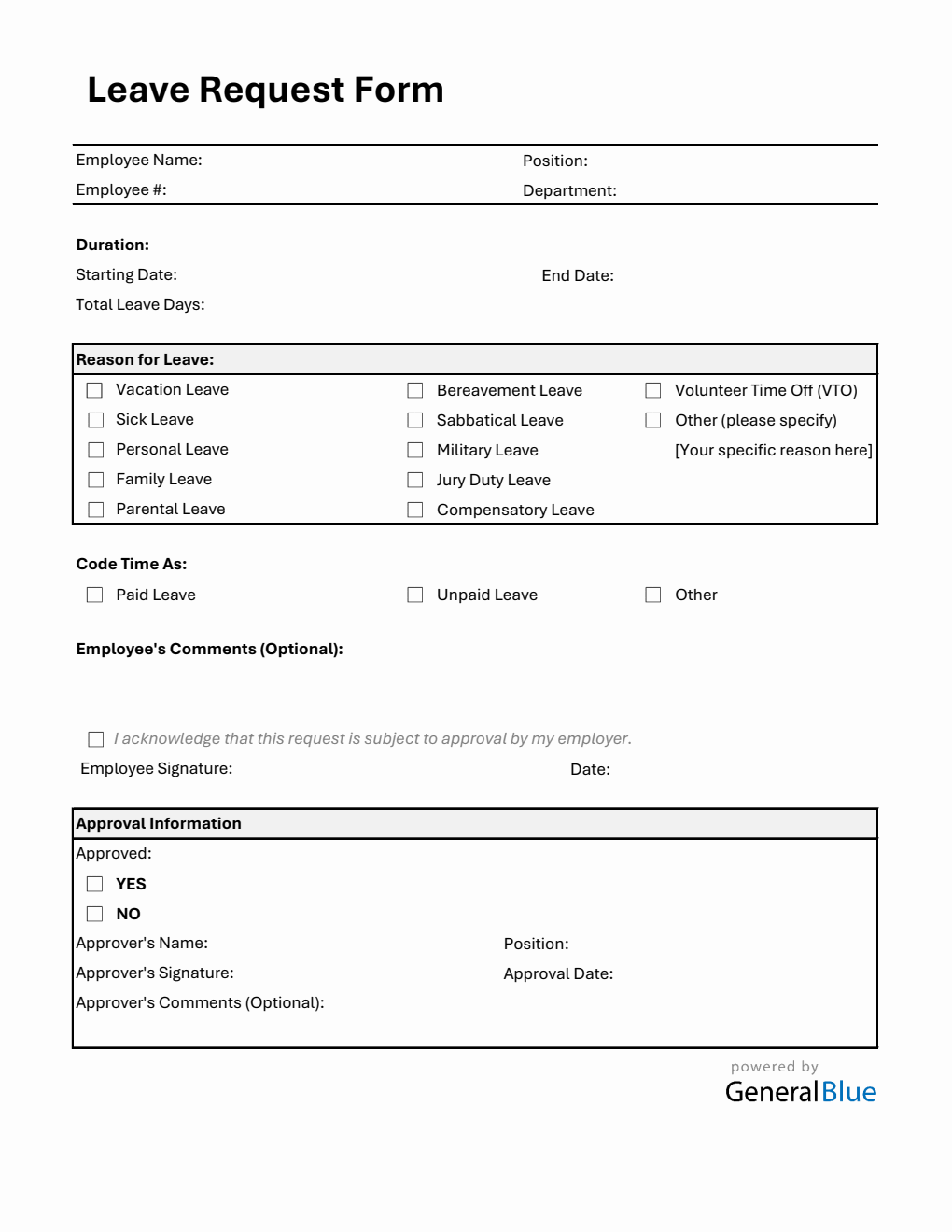 Printable Leave Request Form in Excel