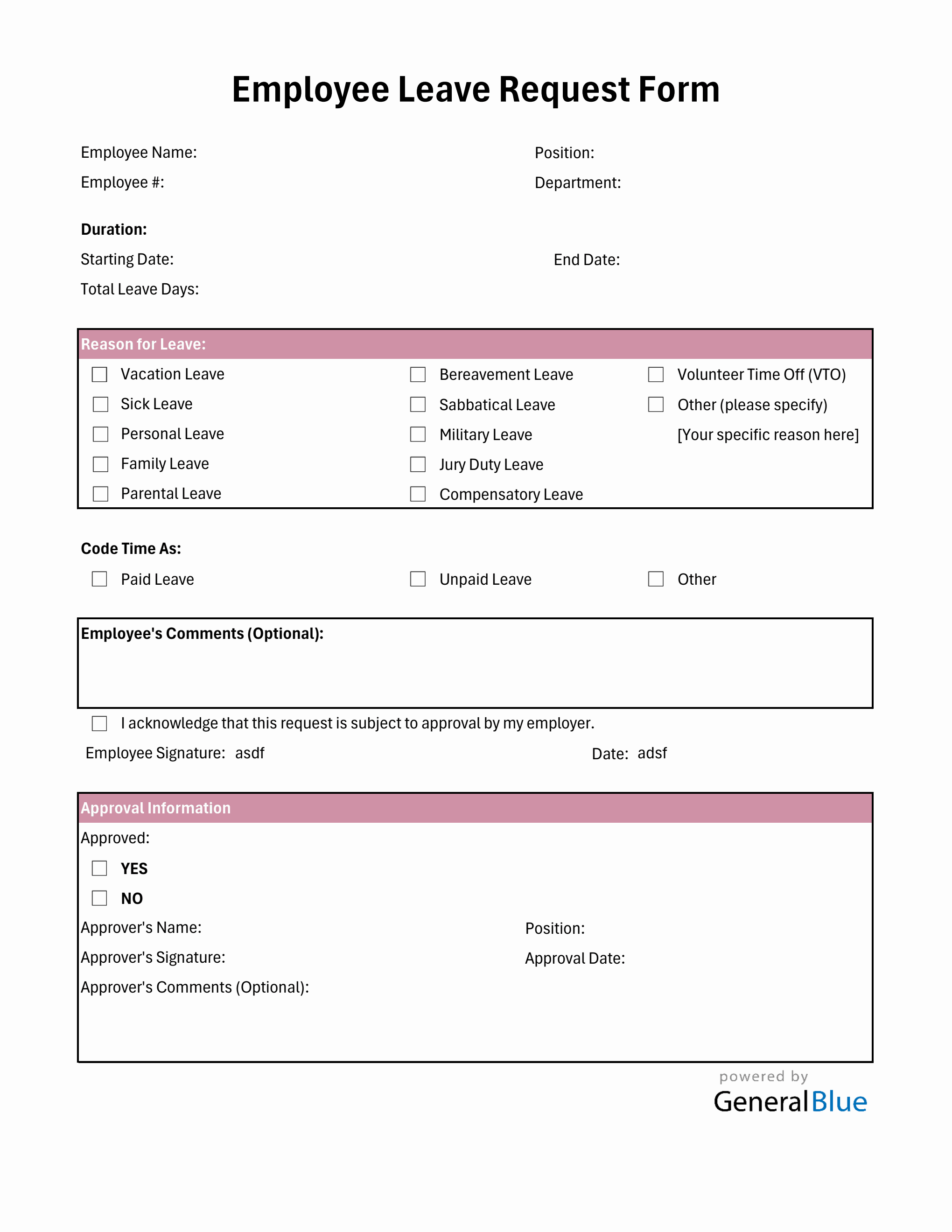 Basic Leave Request Form in Excel