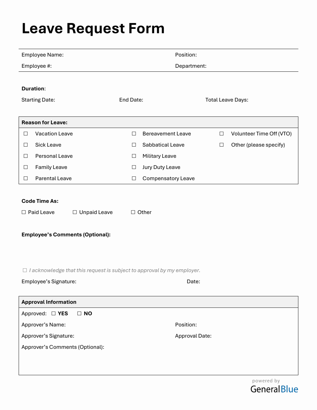 Printable PDF Leave Request Form in PDF