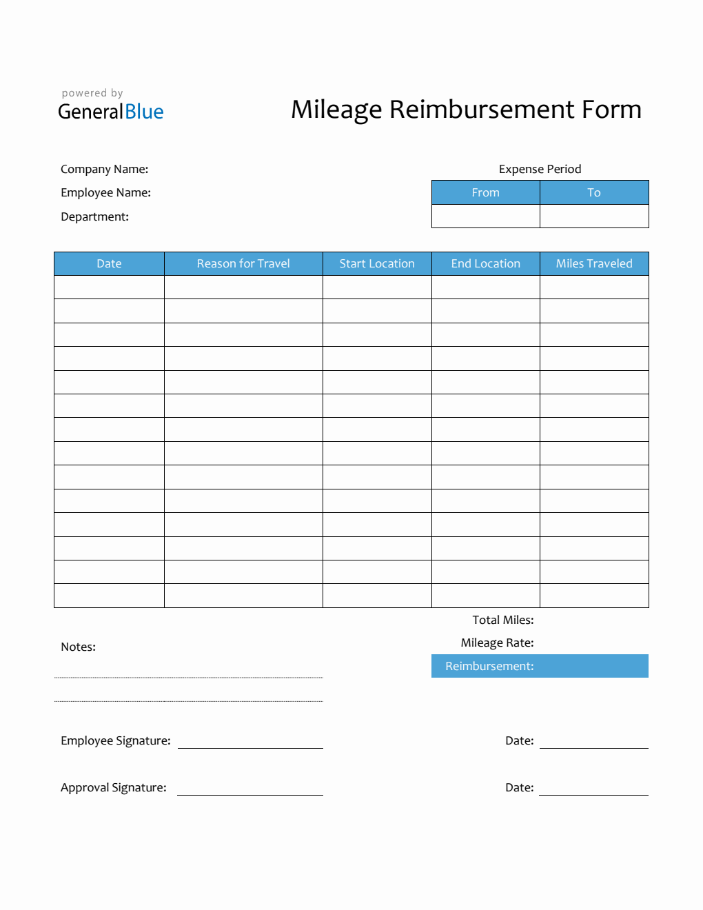 Mileage Reimbursement Form in PDF (Blue)