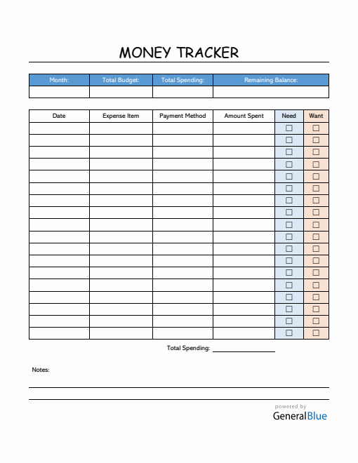 Colorful Money Tracker in Word
