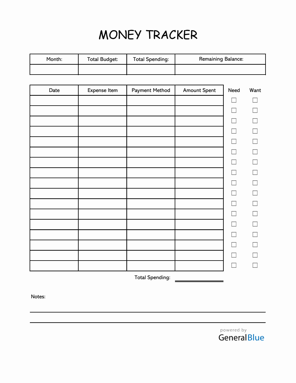 Printable Money Tracker in Excel