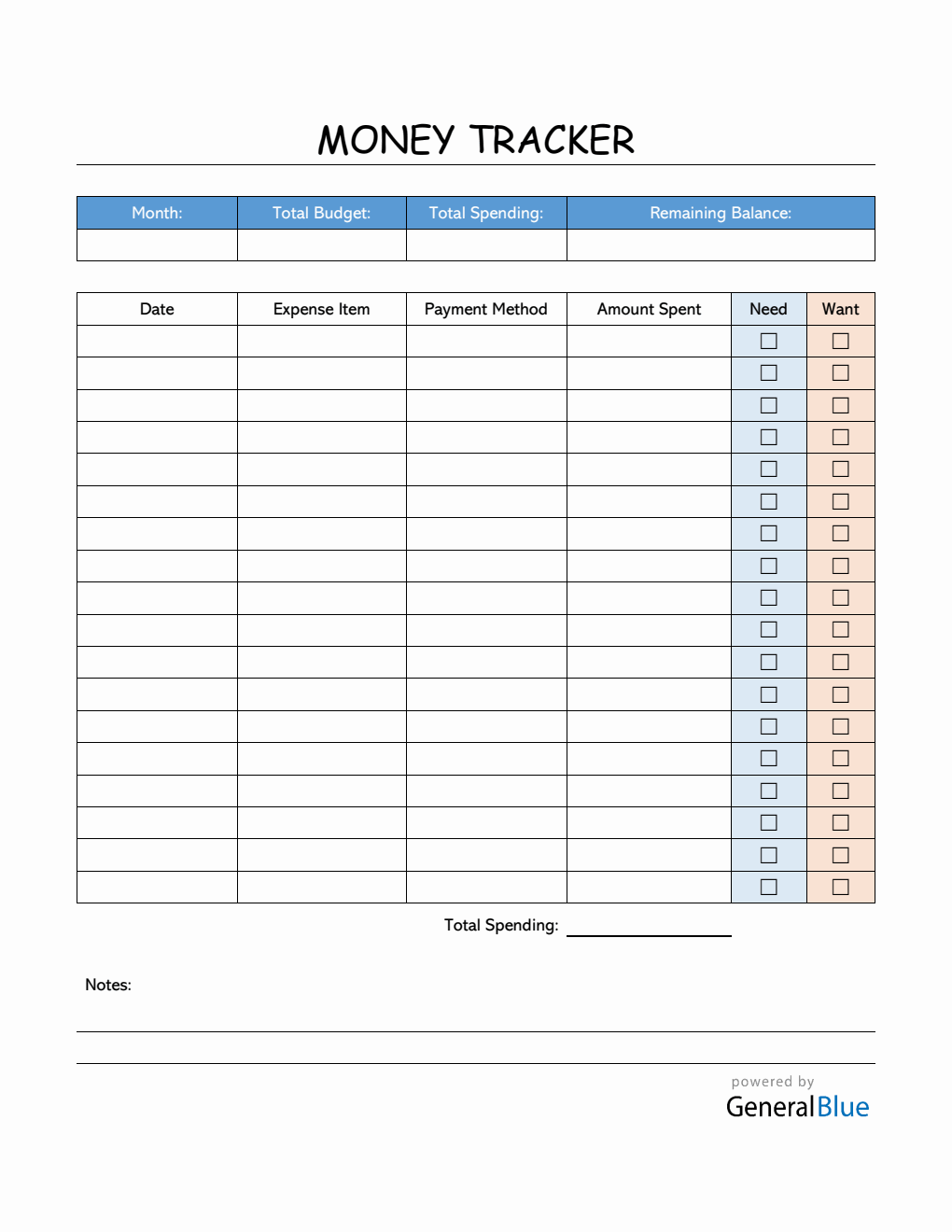 Colorful Money Tracker in PDF