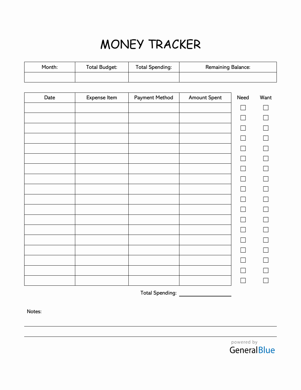 Printable Money Tracker in Word