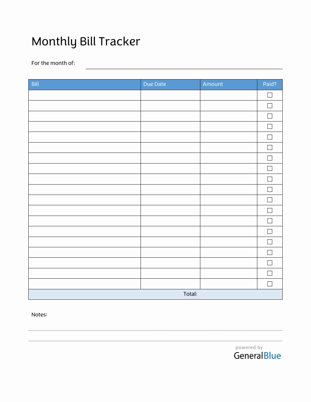 Monthly Bill Tracker in Word (Blue)