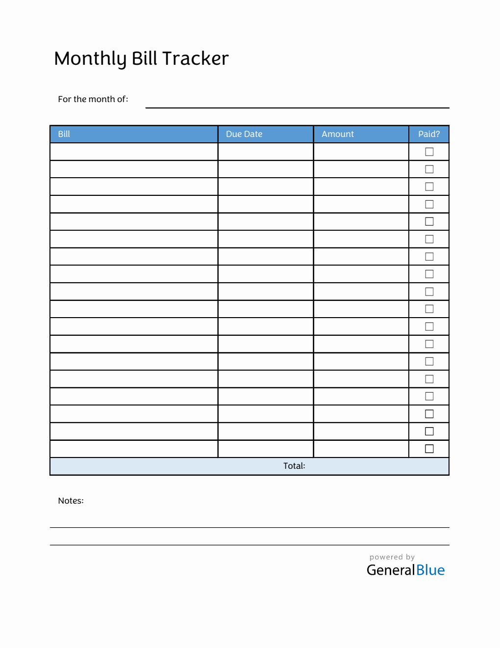 Monthly Bill Tracker in Excel (Blue)