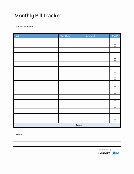 Monthly Bill Tracker in Excel (Blue)