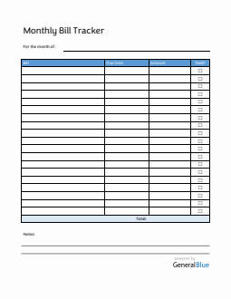 Monthly Bill Tracker in PDF (Blue)