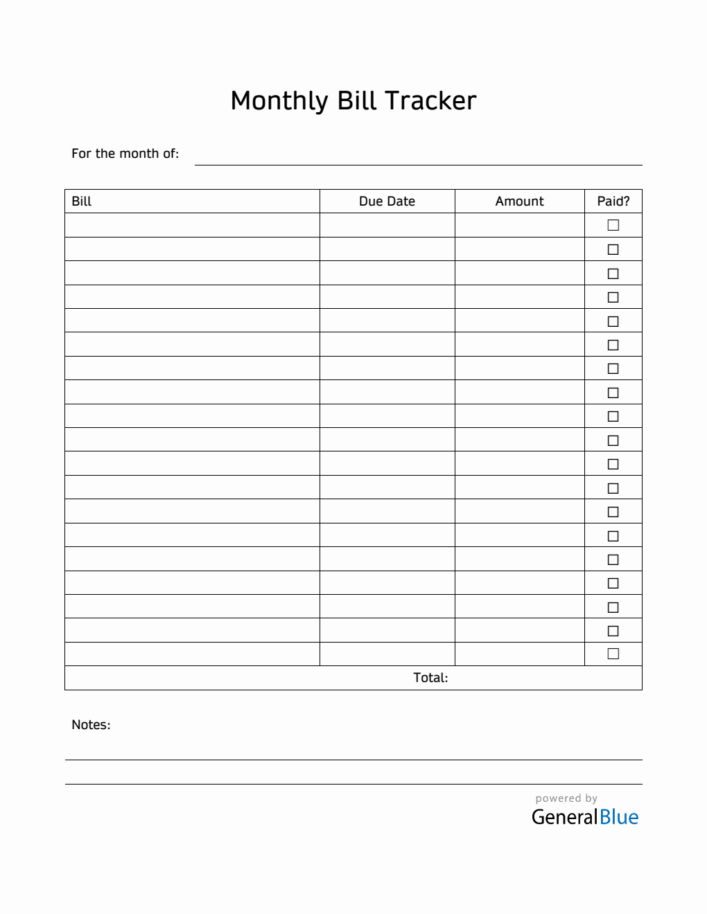 Monthly Bill Tracker in Word (Printable)