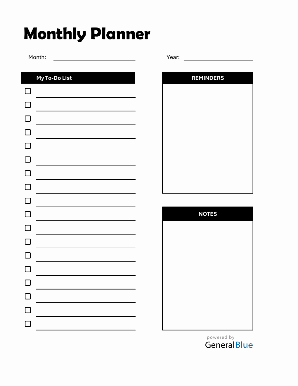 Printable Monthly Planner with To-Do List (Excel)
