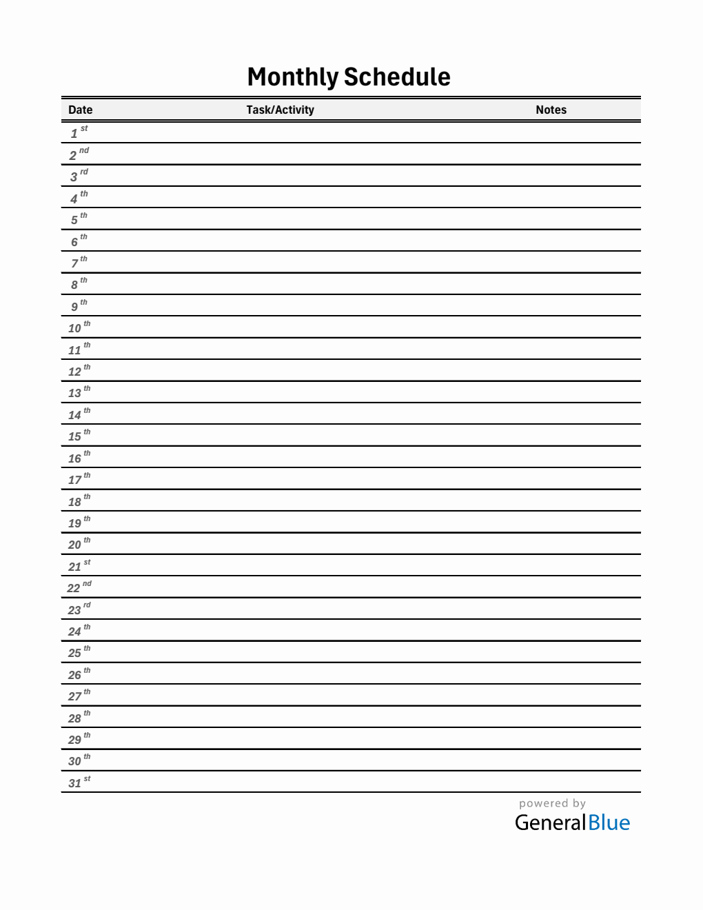 Monthly Basic Free Simple Monthly Schedule Template in Excel