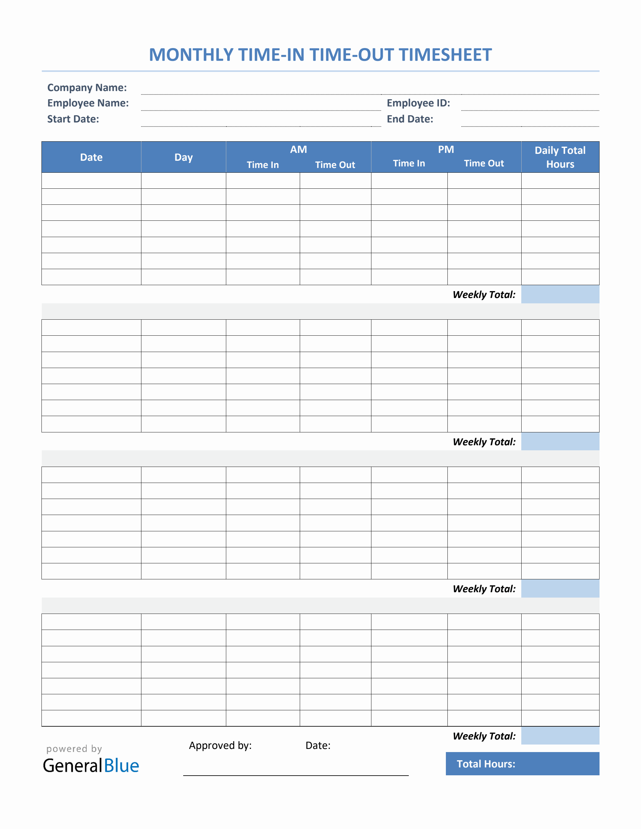 Monthly Time In Time Out Timesheet in Word