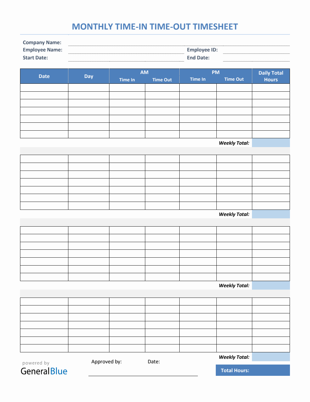 Monthly Time In Time Out Timesheet in Word