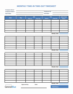 Monthly Time In Time Out Timesheet in Excel