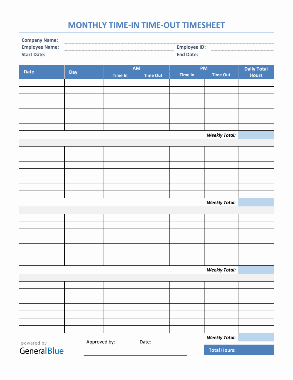 Monthly Time In Time Out Timesheet in PDF