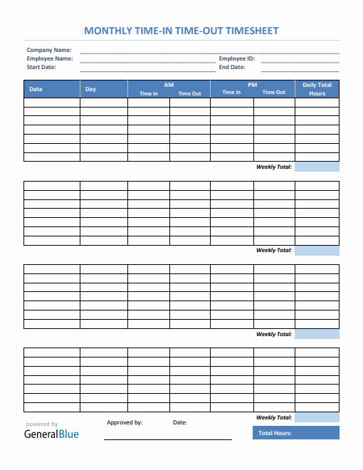 Monthly Time In Time Out Timesheet in PDF