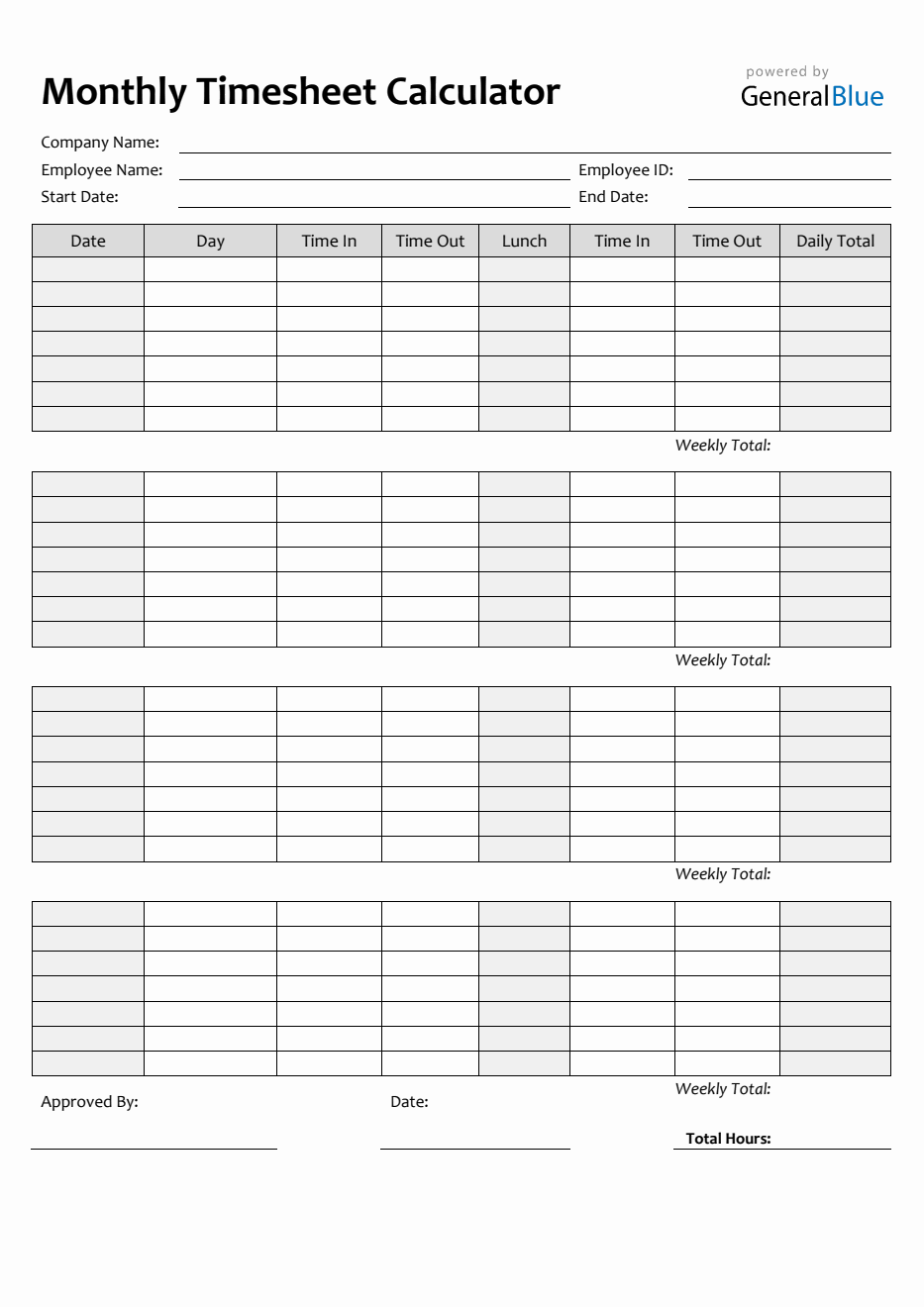 Monthly Timesheet Calculator in PDF (Simple)