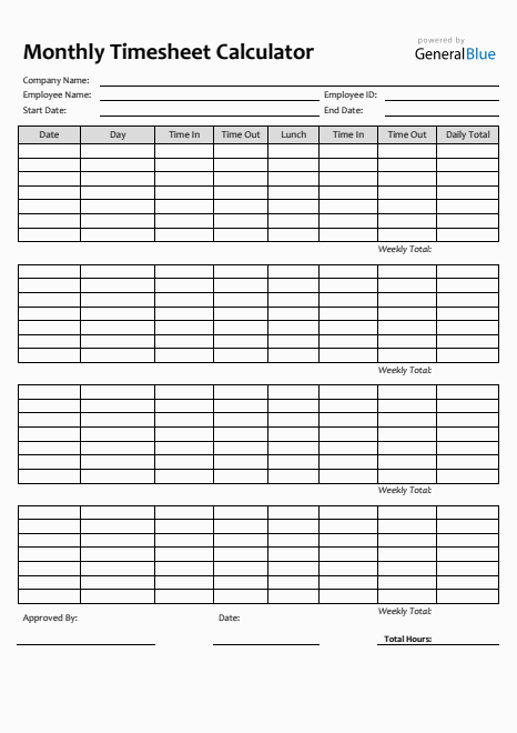 Monthly Timesheet Calculator in PDF (Simple)