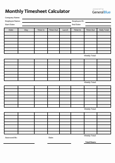 Monthly Timesheet Calculator in PDF (Simple)