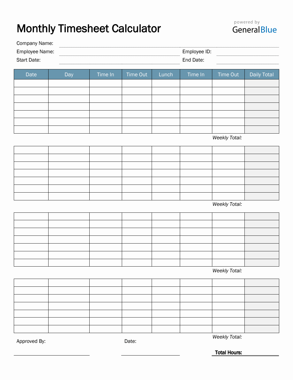 Monthly Timesheet Calculator in PDF (Basic)