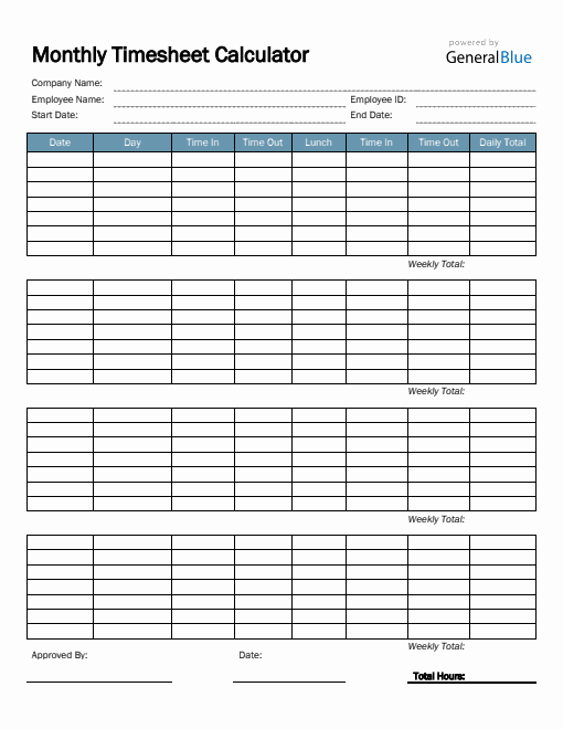 Monthly Timesheet Calculator in PDF (Basic)