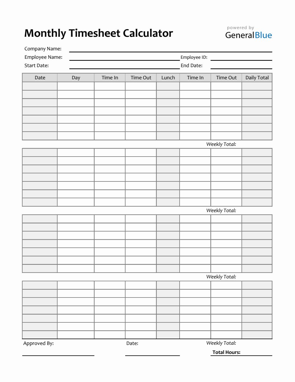 Monthly Timesheet Calculator in Excel (Simple)