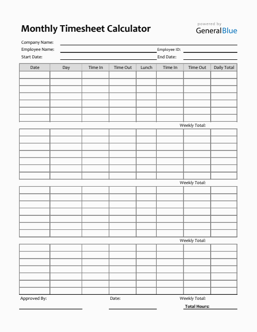 Monthly timesheet templates
