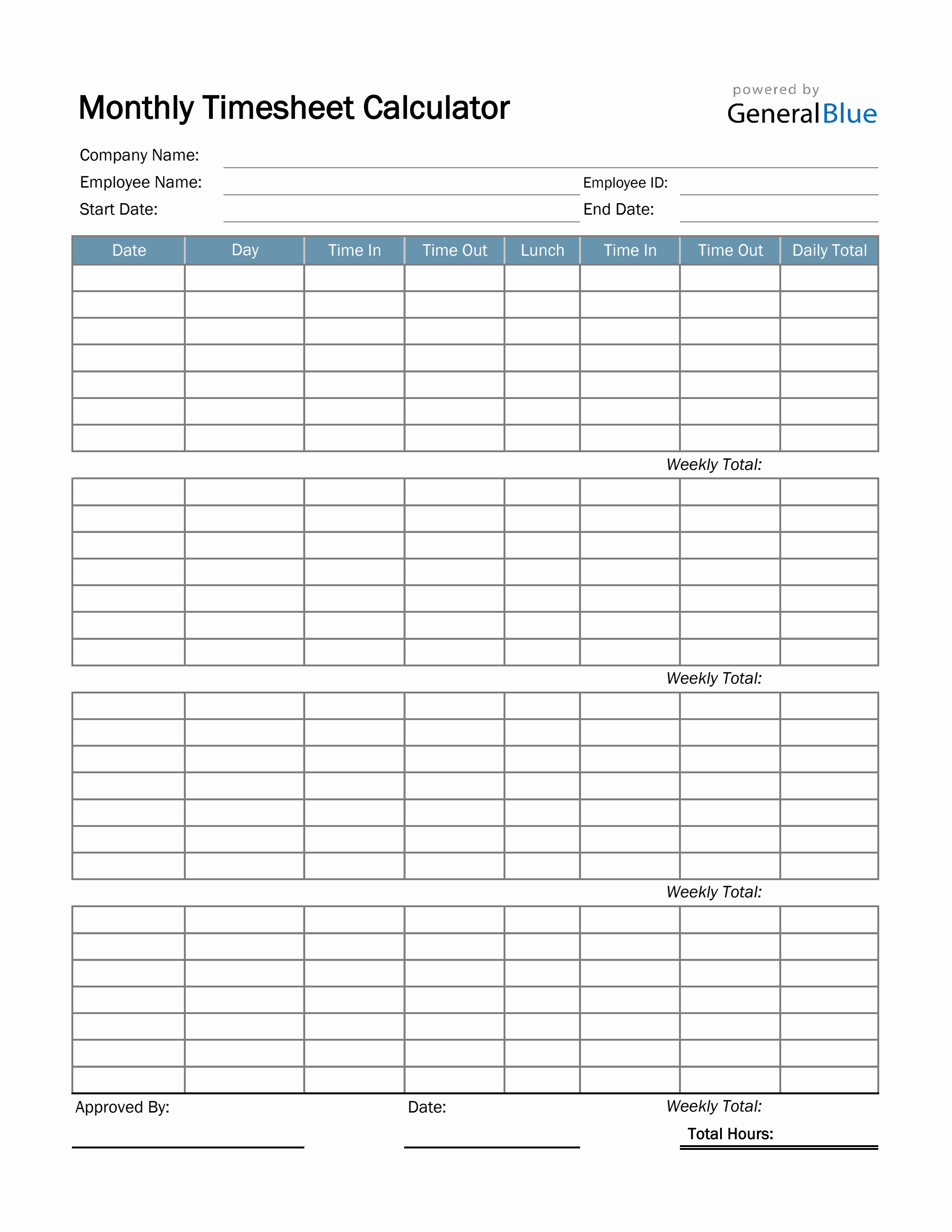 Monthly Timesheet Calculator in Excel Basic
