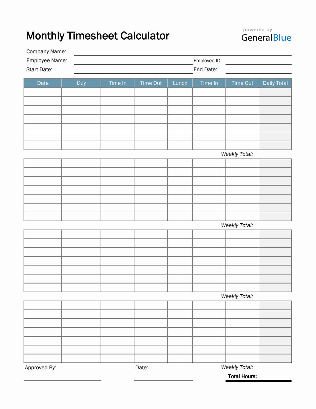 Monthly Timesheet Calculator in Excel (Basic)