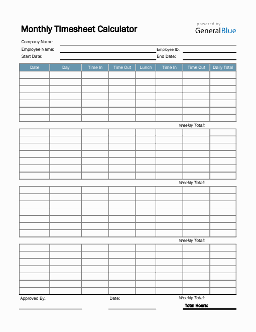 monthly timesheet templates