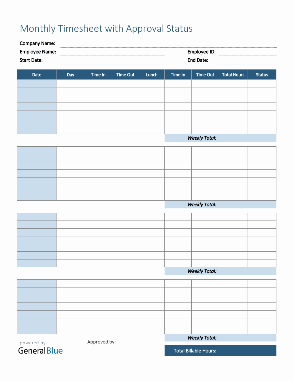 Monthly Timesheet With Approval Status in PDF