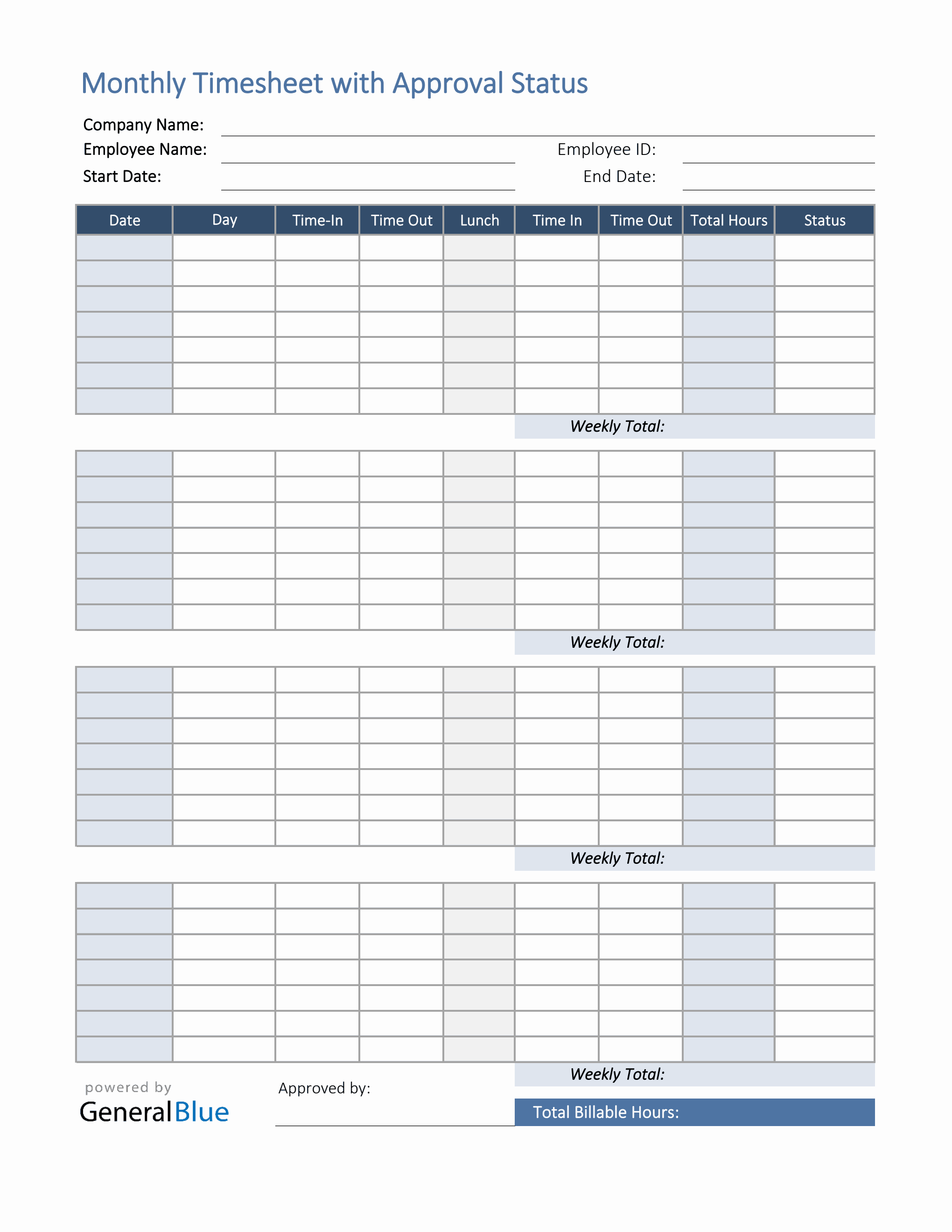 Monthly Timesheet With Approval Status in Excel