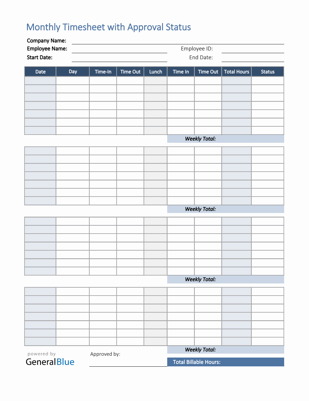 Monthly Timesheet With Approval Status in Excel