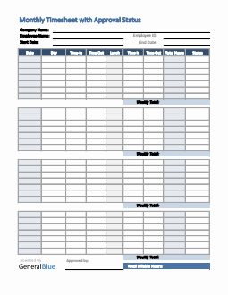 Monthly Timesheet With Approval Status in Word