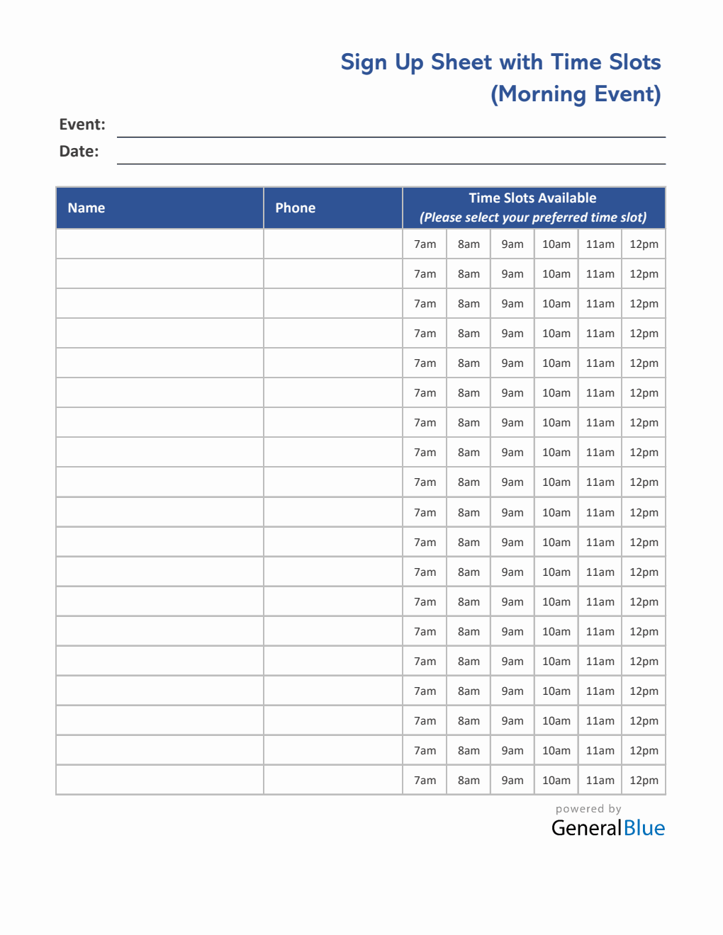 Morning Time Slot Sign Up Sheet in Excel