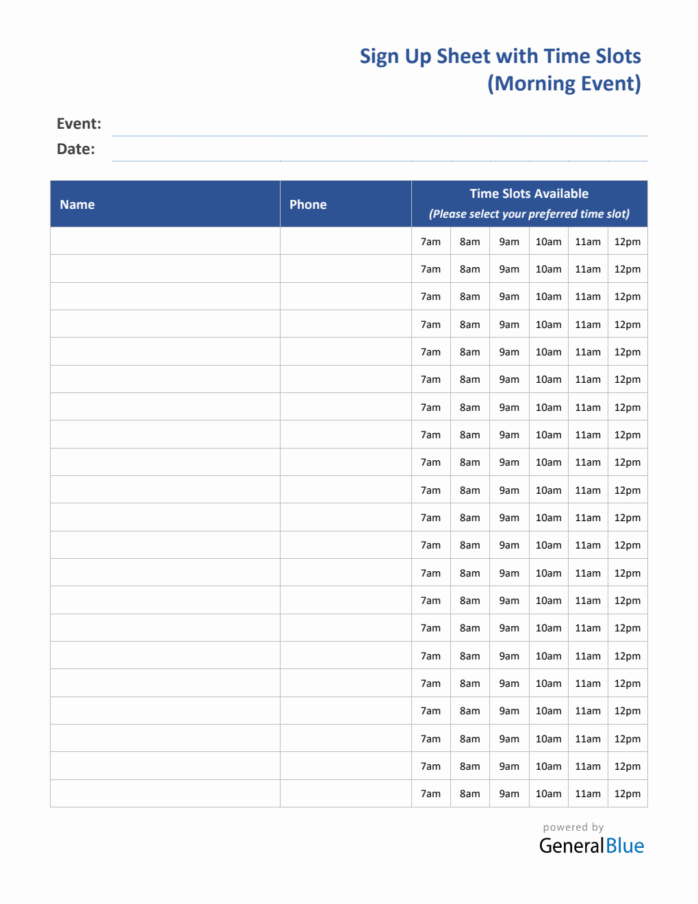 Morning Time Slot Sign Up Sheet in PDF