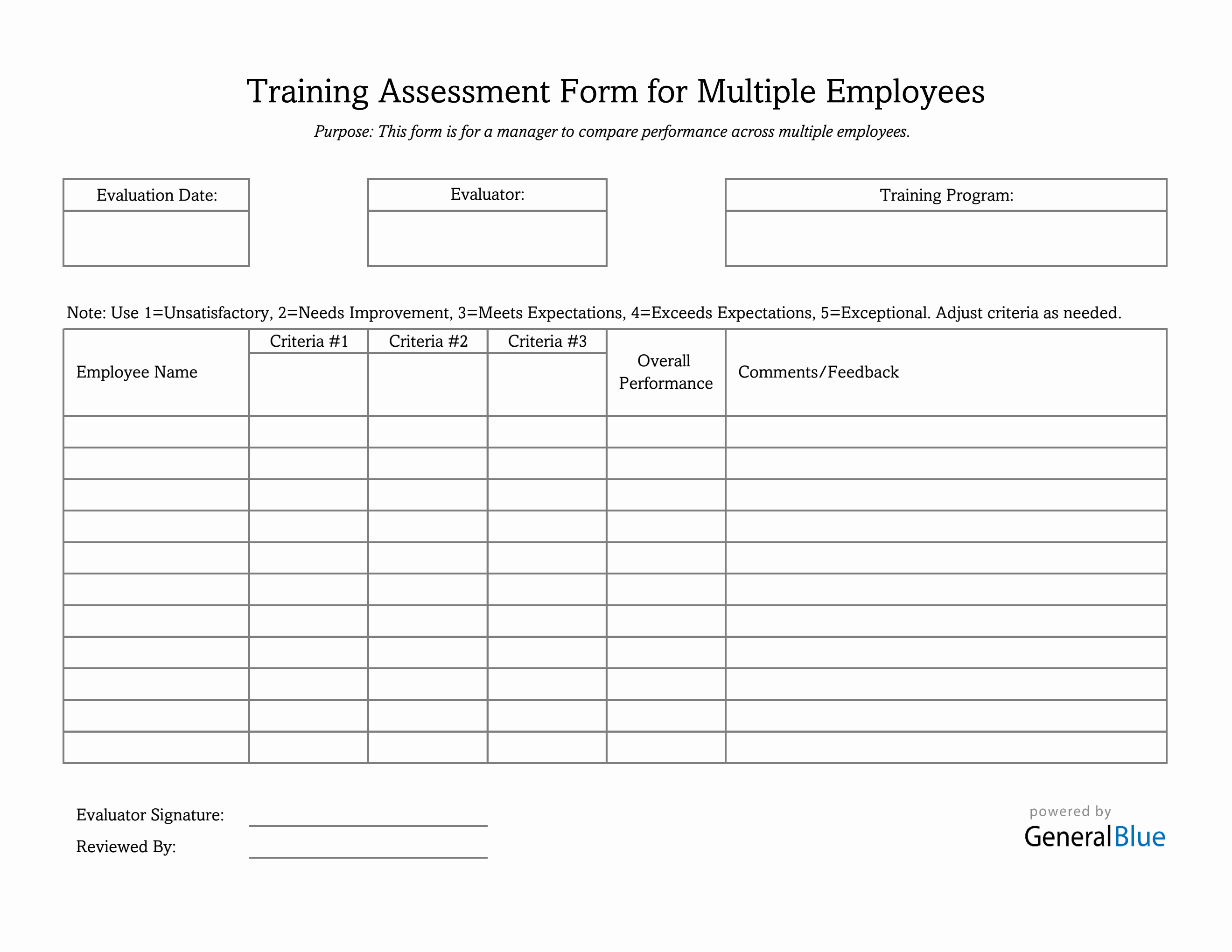 Multi-Employee Training Assessment Excel Form (Printable)
