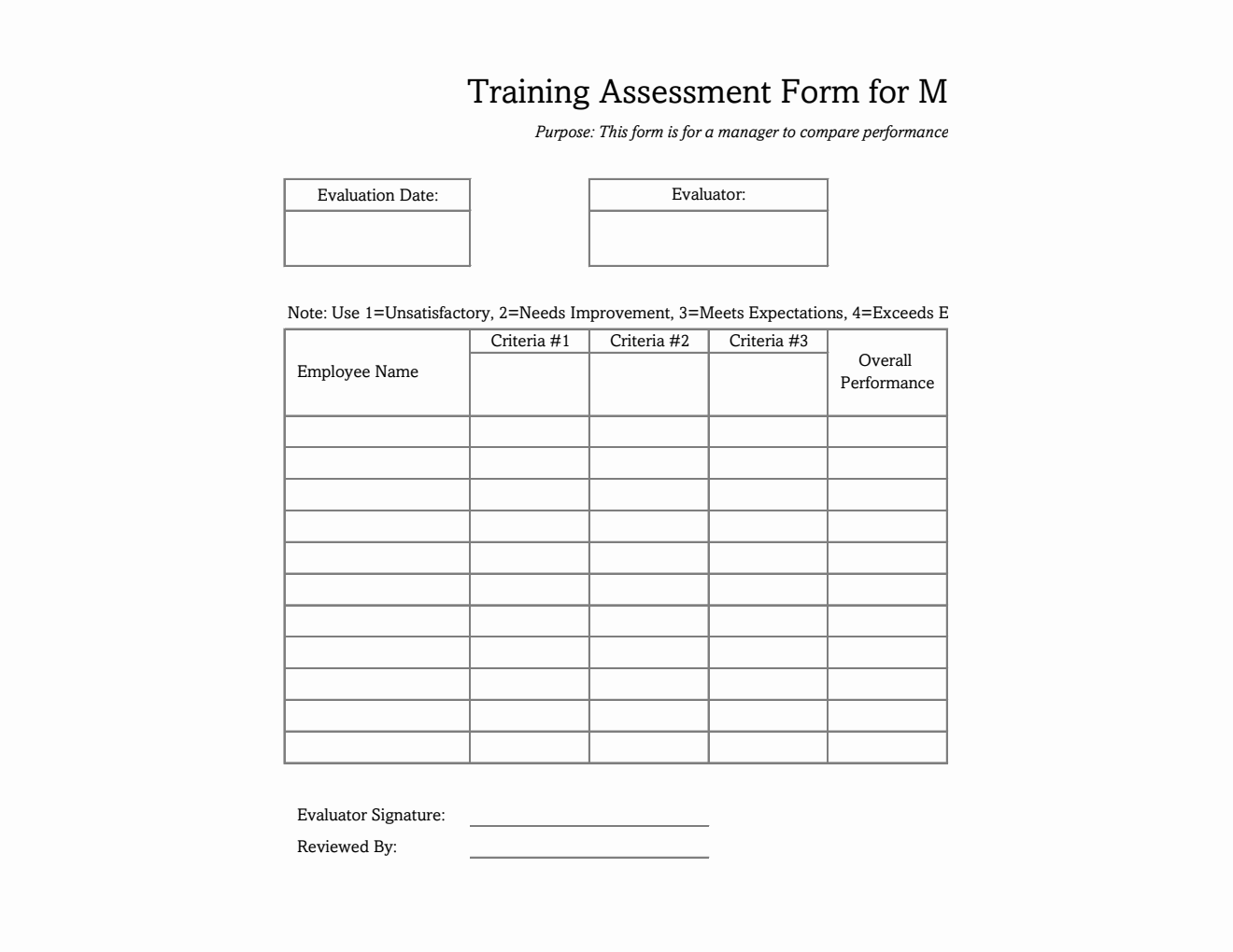 Multi-Employee Training Assessment Excel Form (Printable)