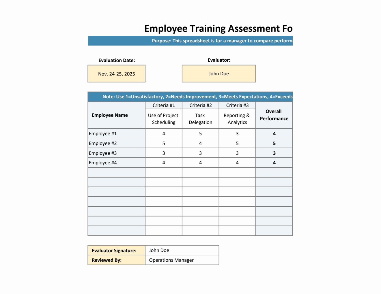 Multi-Employee Training Assessment Excel Form (Landscape Layout)