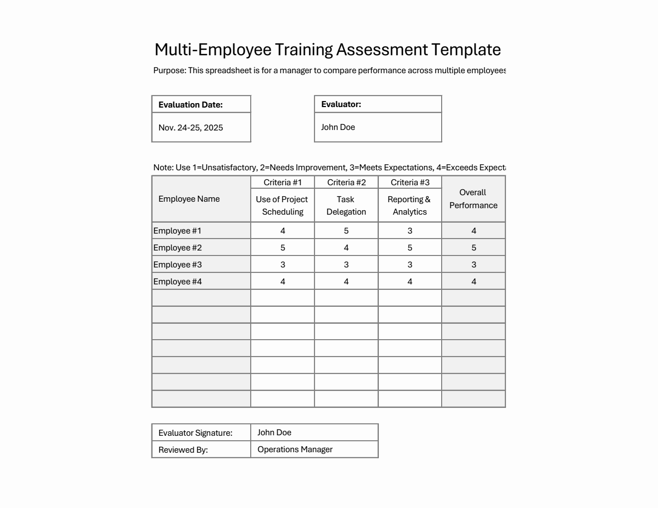 Multi-Employee Training Assessment Excel Form (Minimalist)