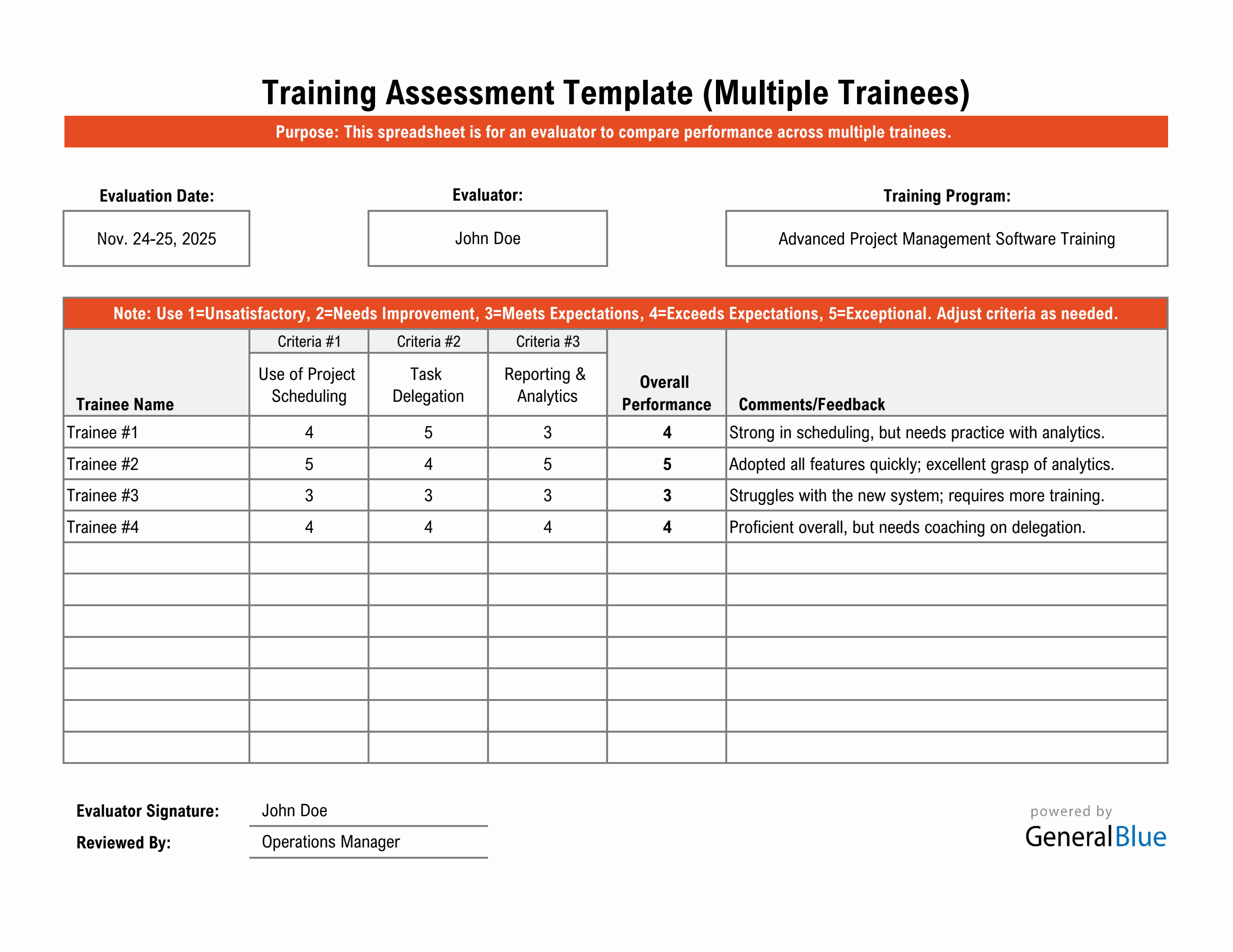 Multi-Employee Training Assessment Excel Form (Fillable)