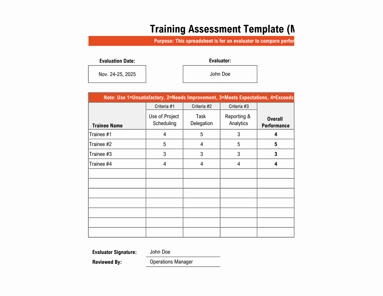 Multi-Employee Training Assessment Excel Form (Fillable)
