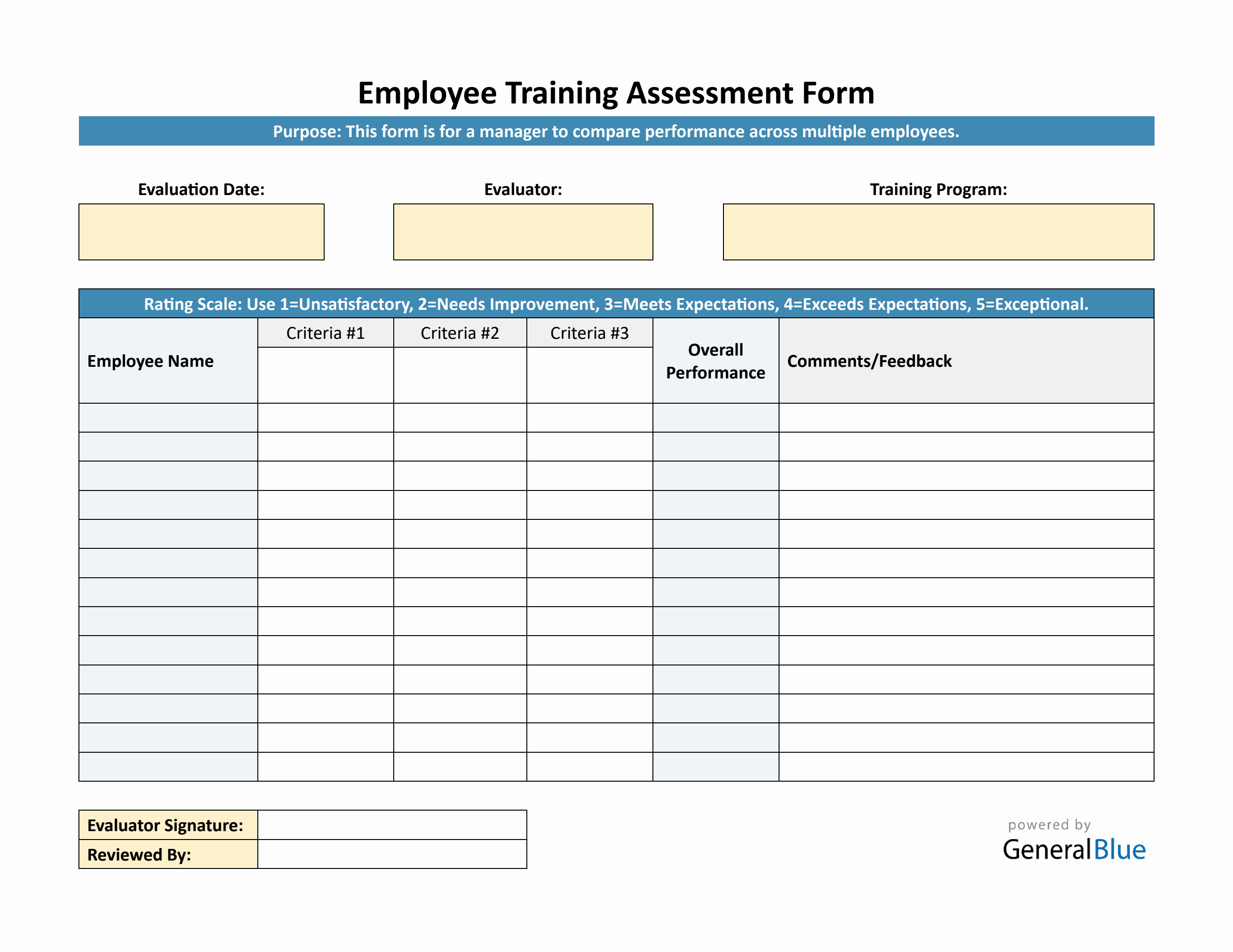 Multi-Employee Training Assessment PDF Form (Landscape Layout)