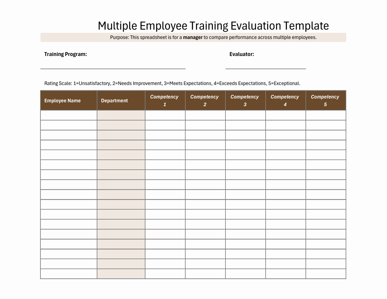 Employee Exercise Ranking Template Customizable Employee Training Evaluation Spreadsheet for Multiple ...
