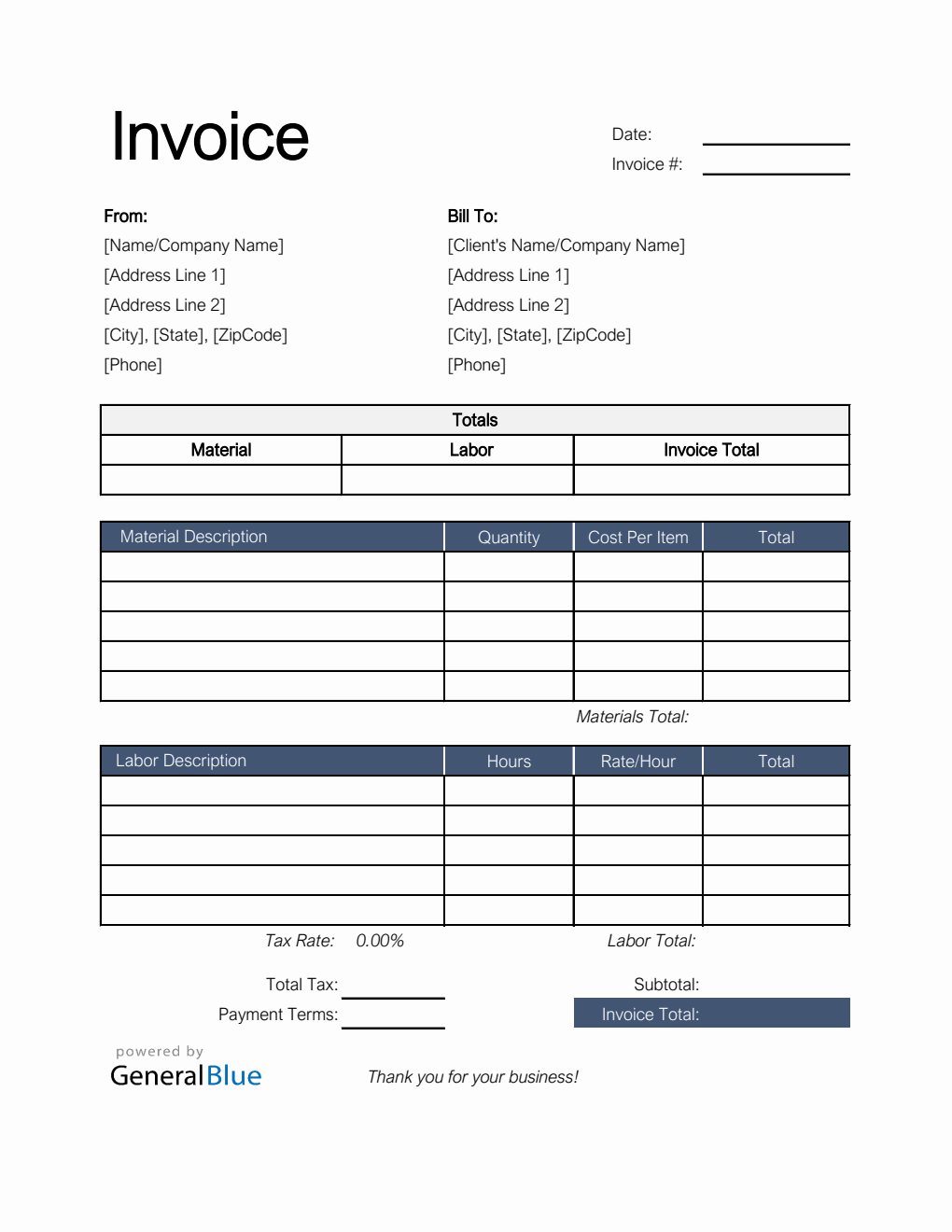 Parts and Labor Invoice in Excel (Basic)