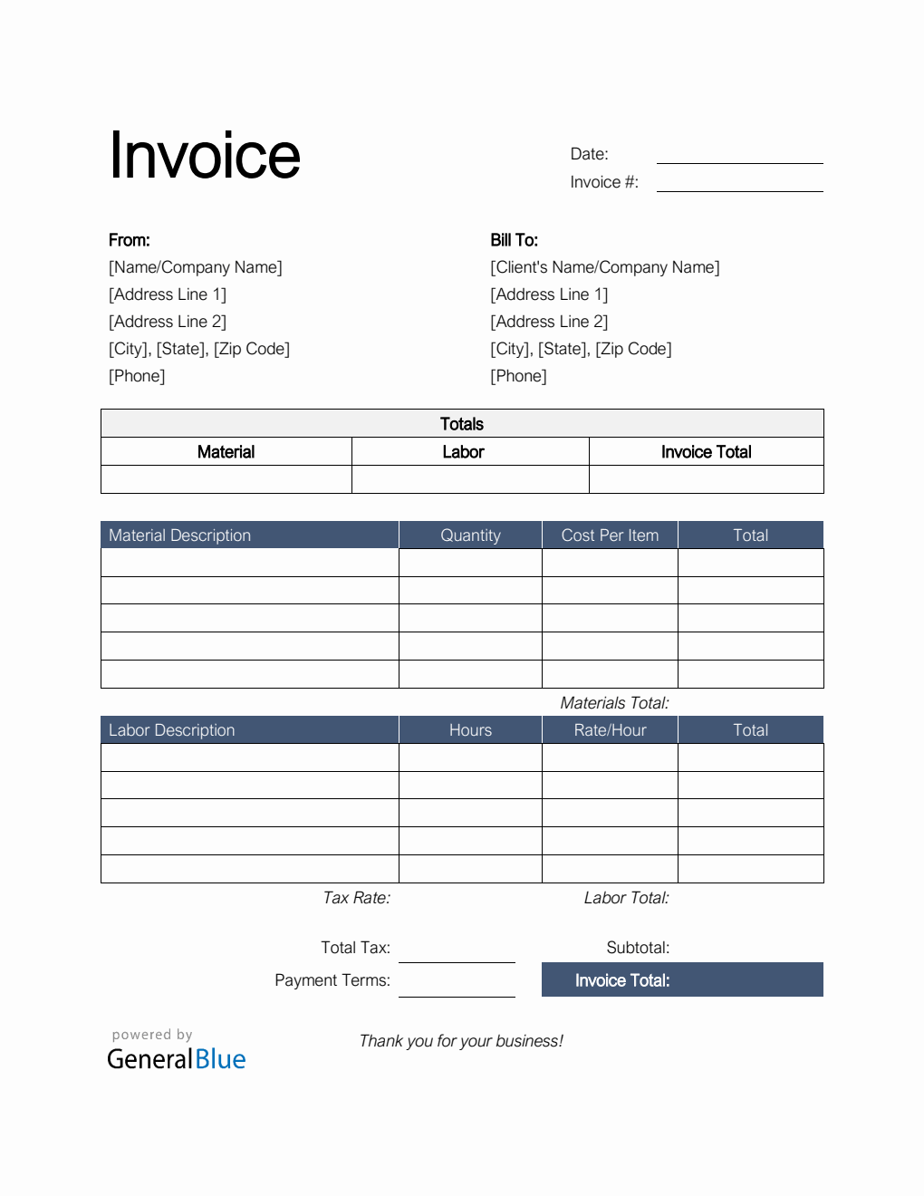 Parts and Labor Invoice in Word (Basic)